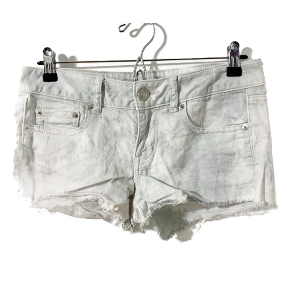 American Eagle Outfitters Stretch Tie Dye Distressed Jean Shorts Light Wash Raw